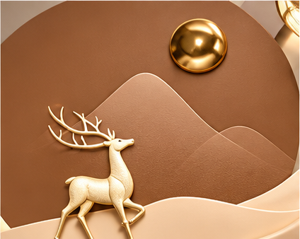 3D pink blossom and deer LED wall art on an oval backlit disc - close-up of the golden stag and gold sphere