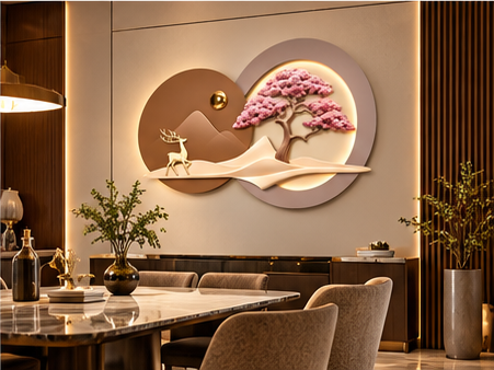 3D pink blossom and deer LED wall art on an oval backlit disc - styled in a dining room setting