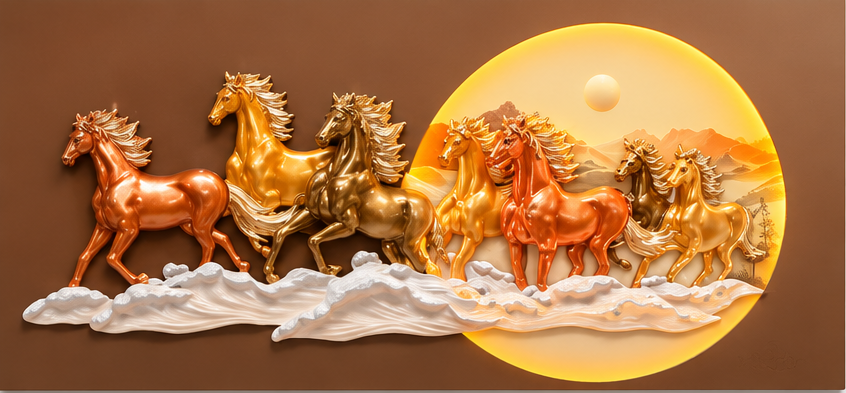 3D Seven Horses LED Wall Art in copper and gold with illuminated sun, 70 x 140 cm