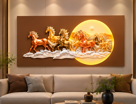 3D Seven Horses LED Wall Art in copper and gold with illuminated sun, 70 x 140 cm - styled above a living room sofa