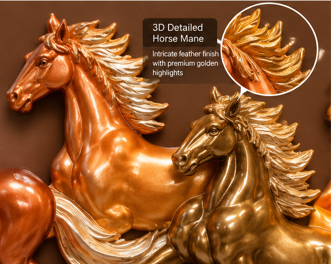 3D Seven Horses LED Wall Art in copper and gold with illuminated sun, 70 x 140 cm - close-up of the 3D feather-style horse mane