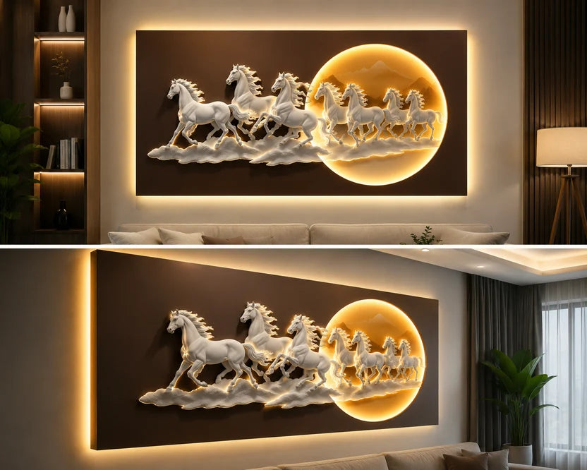 3D Seven Horses LED Wall Art in white and gold with illuminated sun, 70 x 140 cm - front and angled views showing the raised 3D relief