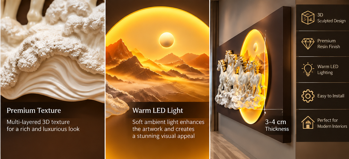 3D Seven Horses LED Wall Art in white and gold with illuminated sun, 70 x 140 cm - premium texture, warm LED light and 3 to 4 cm thickness detail