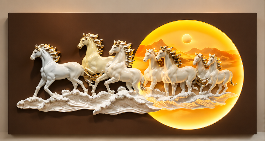 3D Seven Horses LED Wall Art in white and gold with illuminated sun, 70 x 140 cm