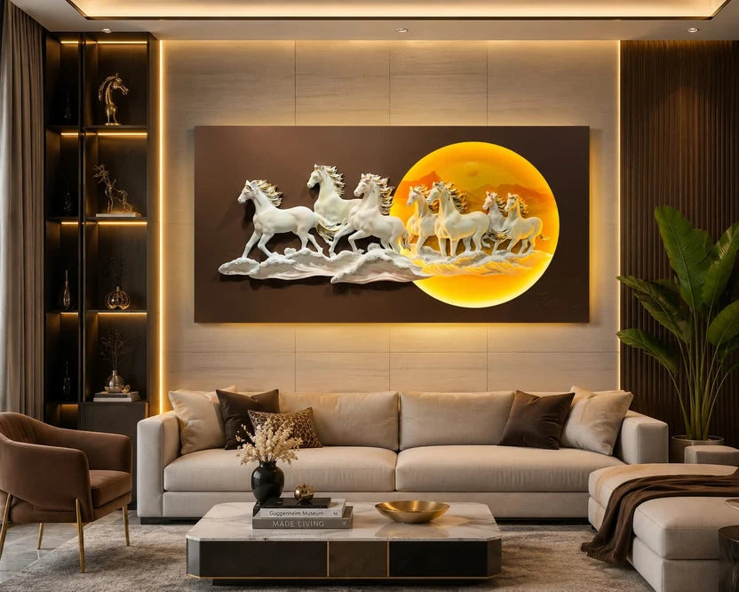 3D Seven Horses LED Wall Art in white and gold with illuminated sun, 70 x 140 cm - styled on a feature wall with warm cove lighting