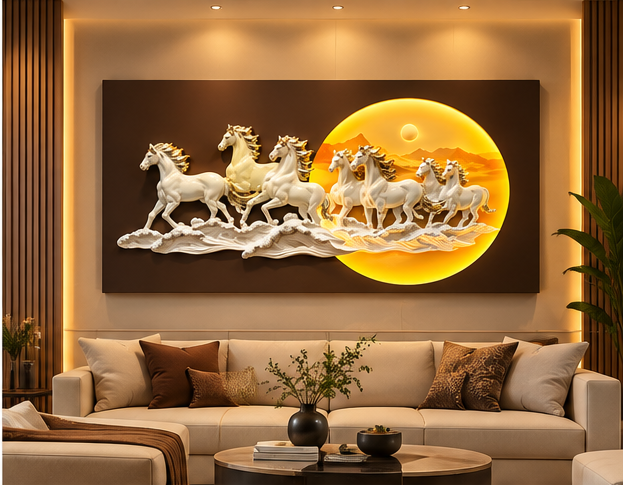 3D Seven Horses LED Wall Art in white and gold with illuminated sun, 70 x 140 cm - lit above a beige sofa in a modern living room