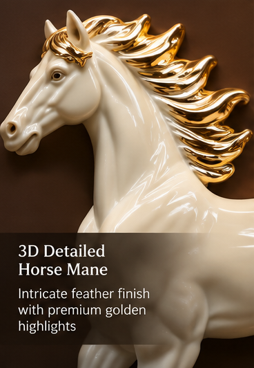 3D Seven Horses LED Wall Art in white and gold with illuminated sun, 70 x 140 cm - close-up of a white horse with golden feather-style mane