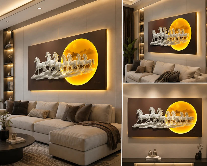 3D Seven Horses LED Wall Art in white and gold with illuminated sun, 70 x 140 cm - shown in three different living room settings
