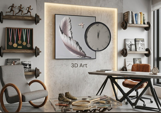 Whisper Feather 3D Wall Art with Built-in Clock - 24"x32" 3D shadow box wall art by Artiksha