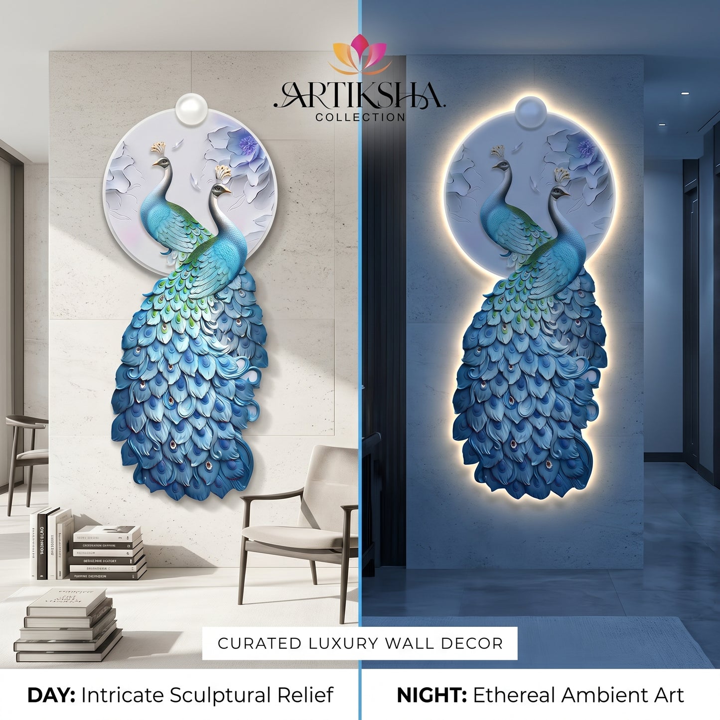 Royal Azure Peacock Pair 3D Wall Art – Luminous Heritage Edition