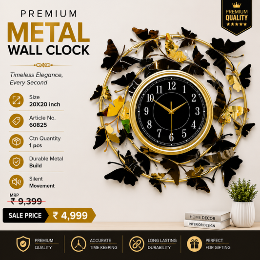 Black and gold butterfly ring metal wall clock, 20 x 20 inch, hanging above a wooden console table