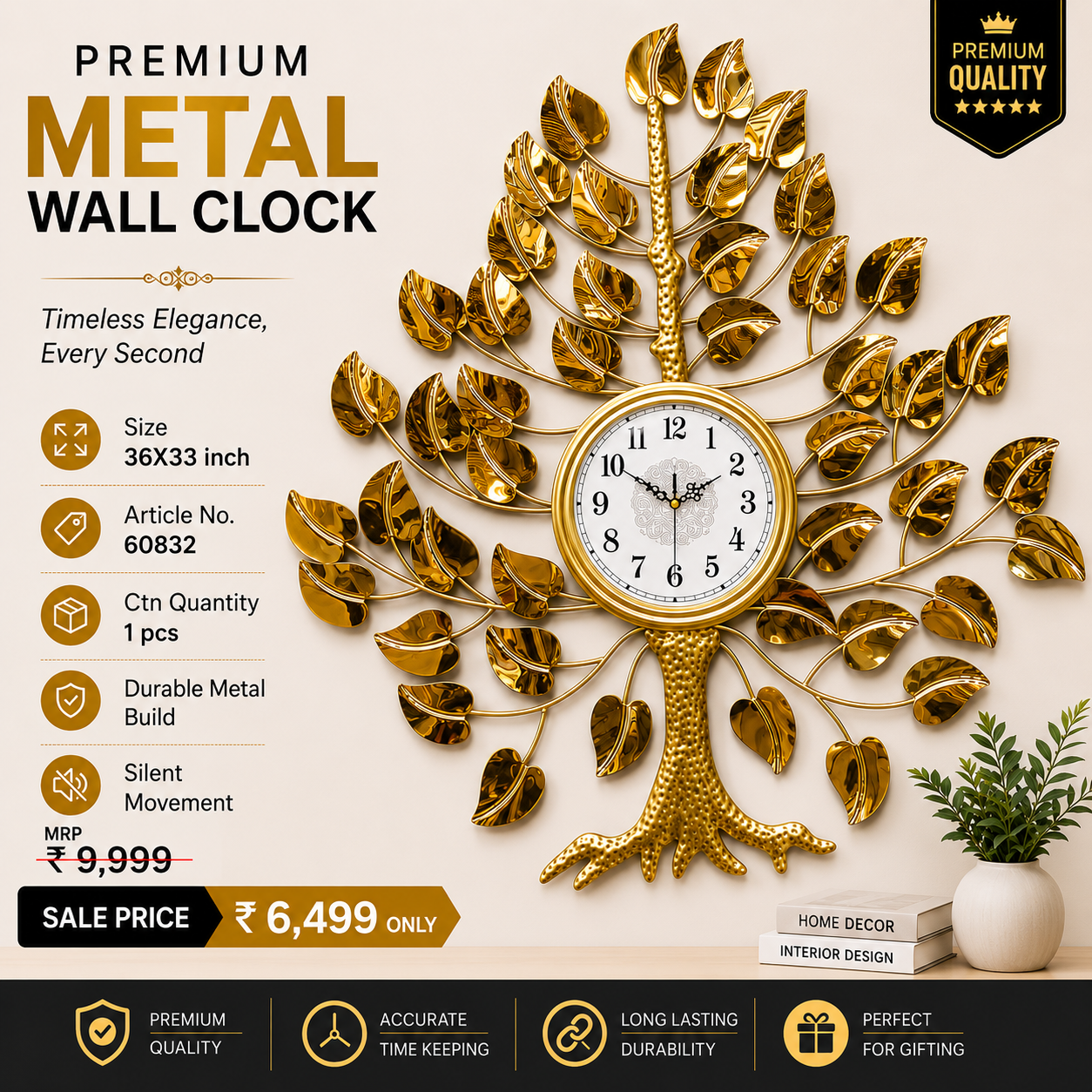 Golden Tree of Life metal wall clock, 36 x 33 inch, with sculpted trunk and mirrored leaves on a beige wall