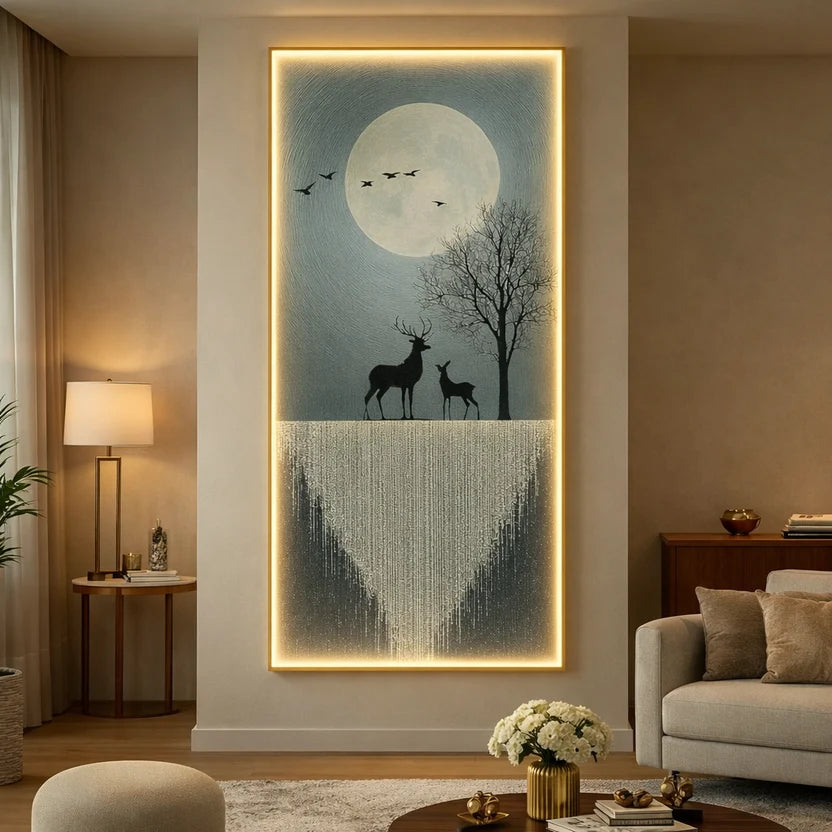 Moonlit Serenade LED Crystal Wall Art – Deer & Waterfall Edition