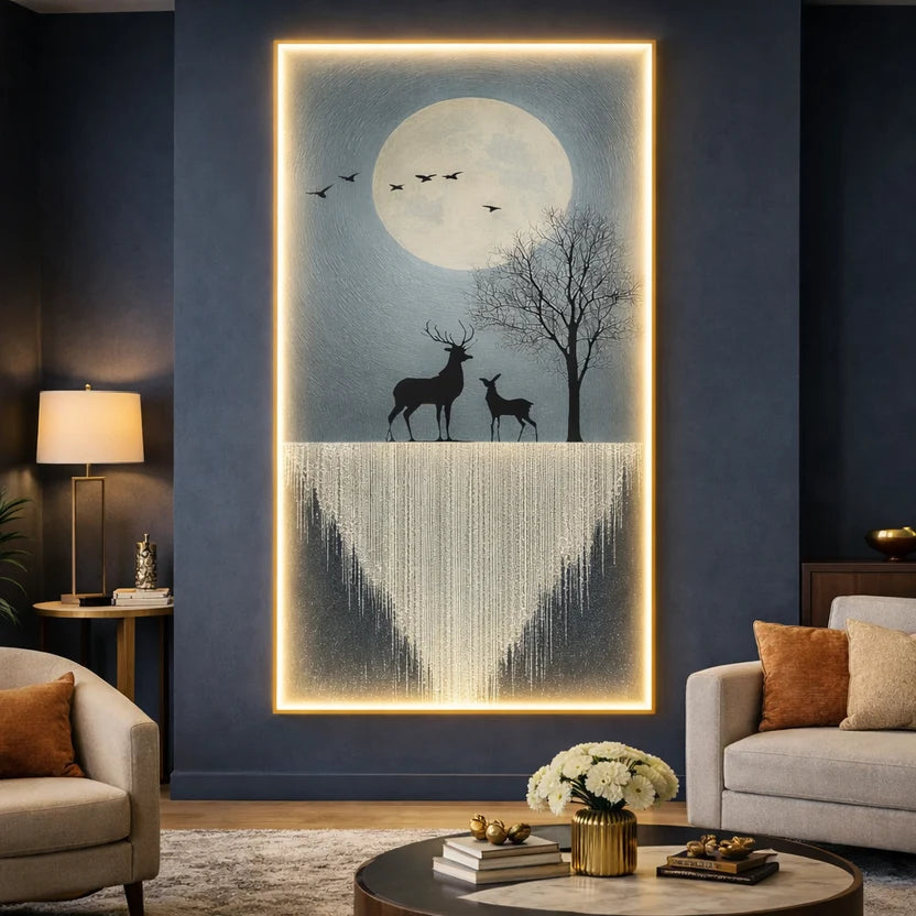 Moonlit Serenade LED Crystal Wall Art – Deer & Waterfall Edition