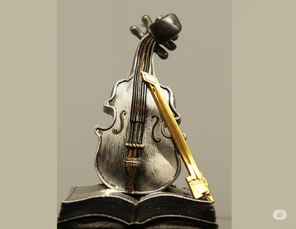 Miniature Violin on Open Book – Timeless Musical Elegance