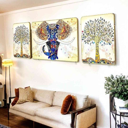 Udaipur Elephant Design Crystal Painting Set of 3 | Golden Frame