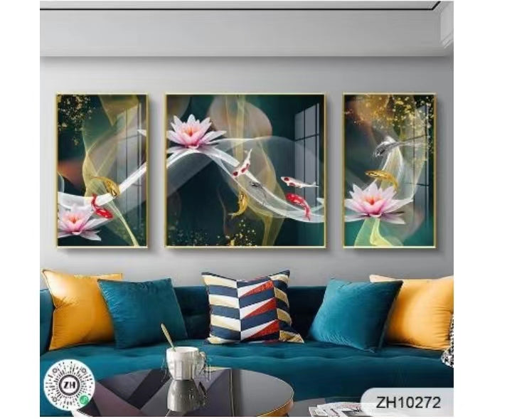 Seven Fishes Design Crystal Painting Set of 3 | Golden Frame