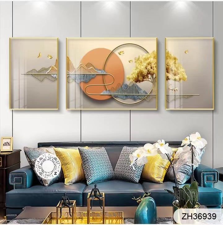 Golden Brown Landscape Design Crystal Painting Set of 3 | Golden Frame