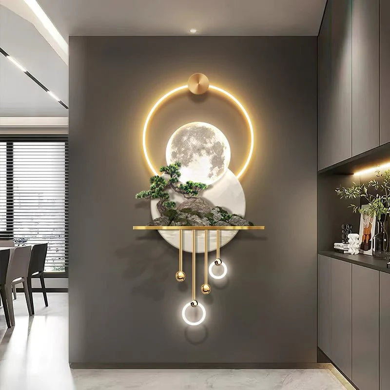 Modern 3D Wall Art with LED Moon and Bonsai Design