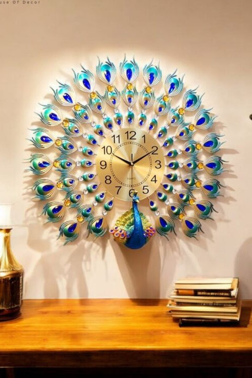 Luxurious Wall Clock with Peacock Feather Design