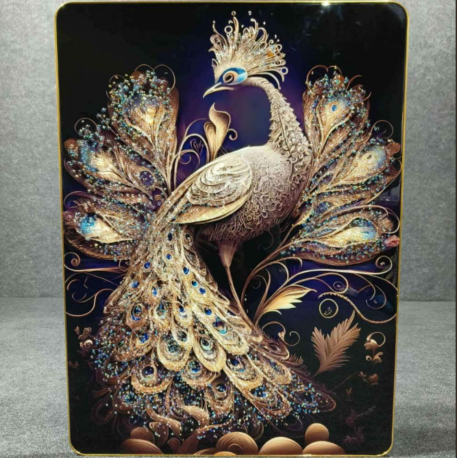 Golden Peacock with Feathers Crystal Painting