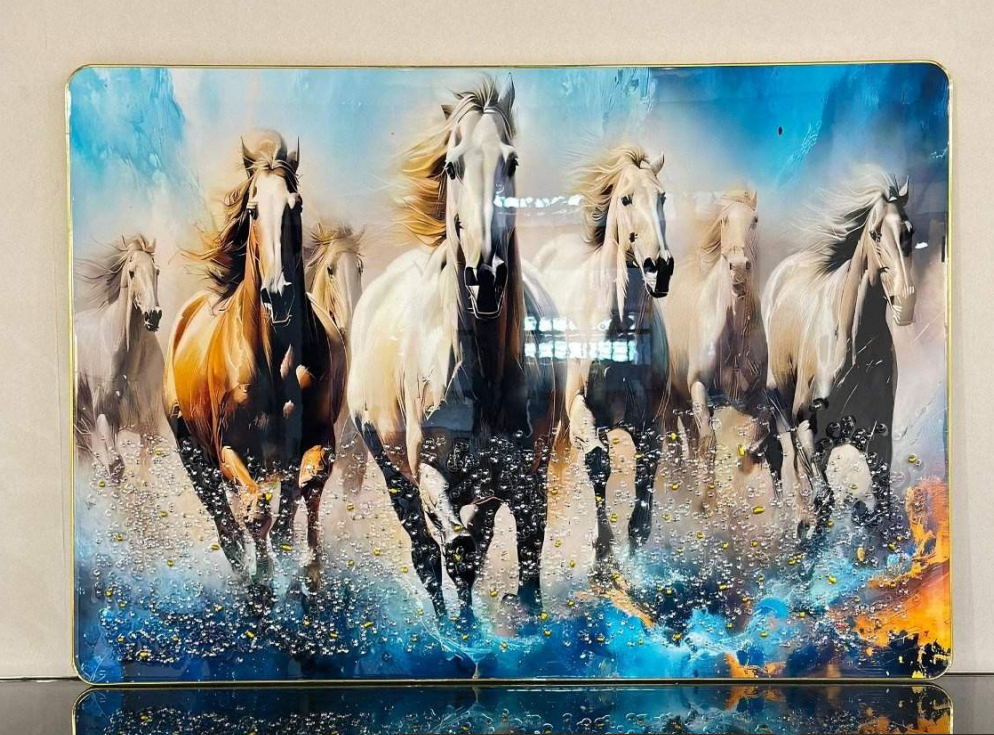 Vastu Seven Running White Horse Frame Crystal Painting for Positive Energy 70 x 100cm