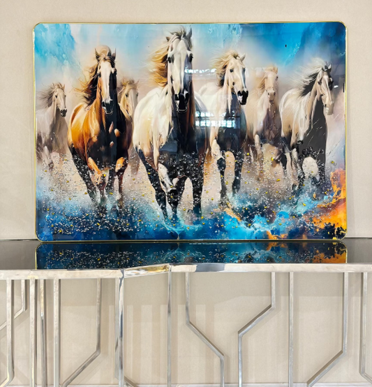 Vastu Seven Running White Horse Frame Crystal Painting for Positive Energy 70 x 100cm