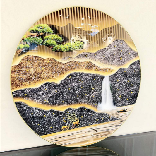 Mountain and Waterfall Round Crystal Painting for Classic Wall Decor