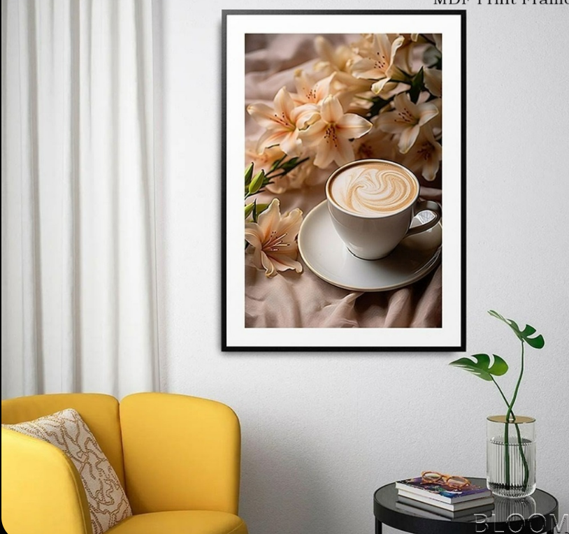 Morning Serenity Latte & Lilies Canvas – Premium MDF Framed Art