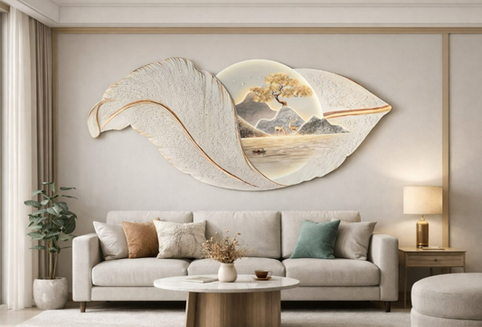 Golden Oasis 3D Feather Landscape Art – Luminous Grandeur Edition
