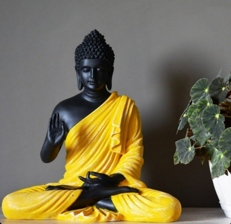 Saffron Harmony Meditating Buddha – Premium Matte Black & Yellow Zen Decor