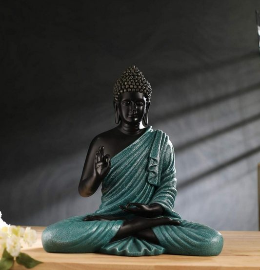Teal Tranquility Meditating Buddha – Premium Matte Black & Emerald Zen Decor