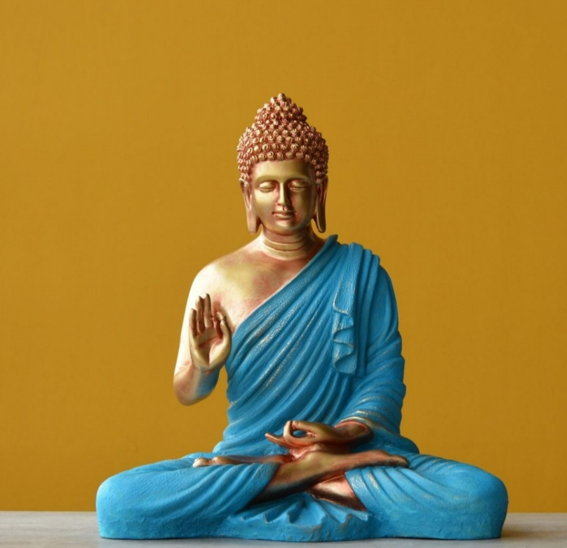 Celestial Azure Meditating Buddha – Premium Gold & Sky Blue Zen Decor