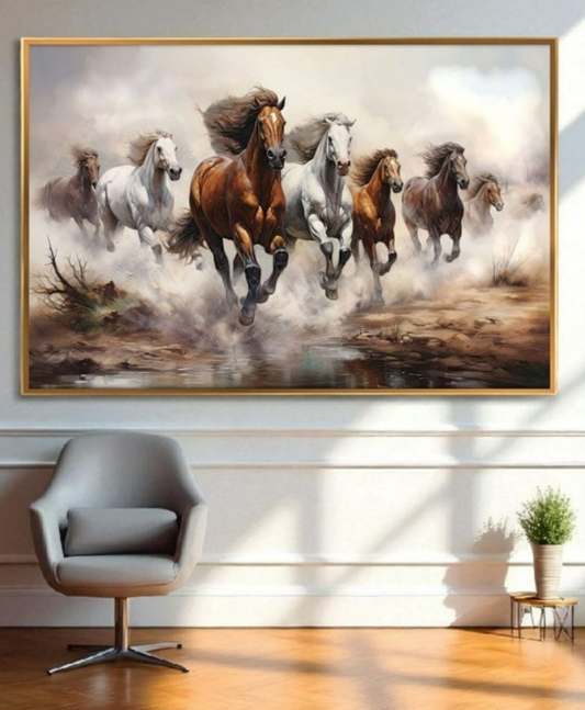 Celestial Gallop: Seven Horses Premium Vegan Leather Wall Art