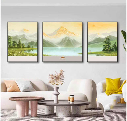 "Golden Horizon Lakeview" 3-Piece Wall Art Set for Modern Interiors