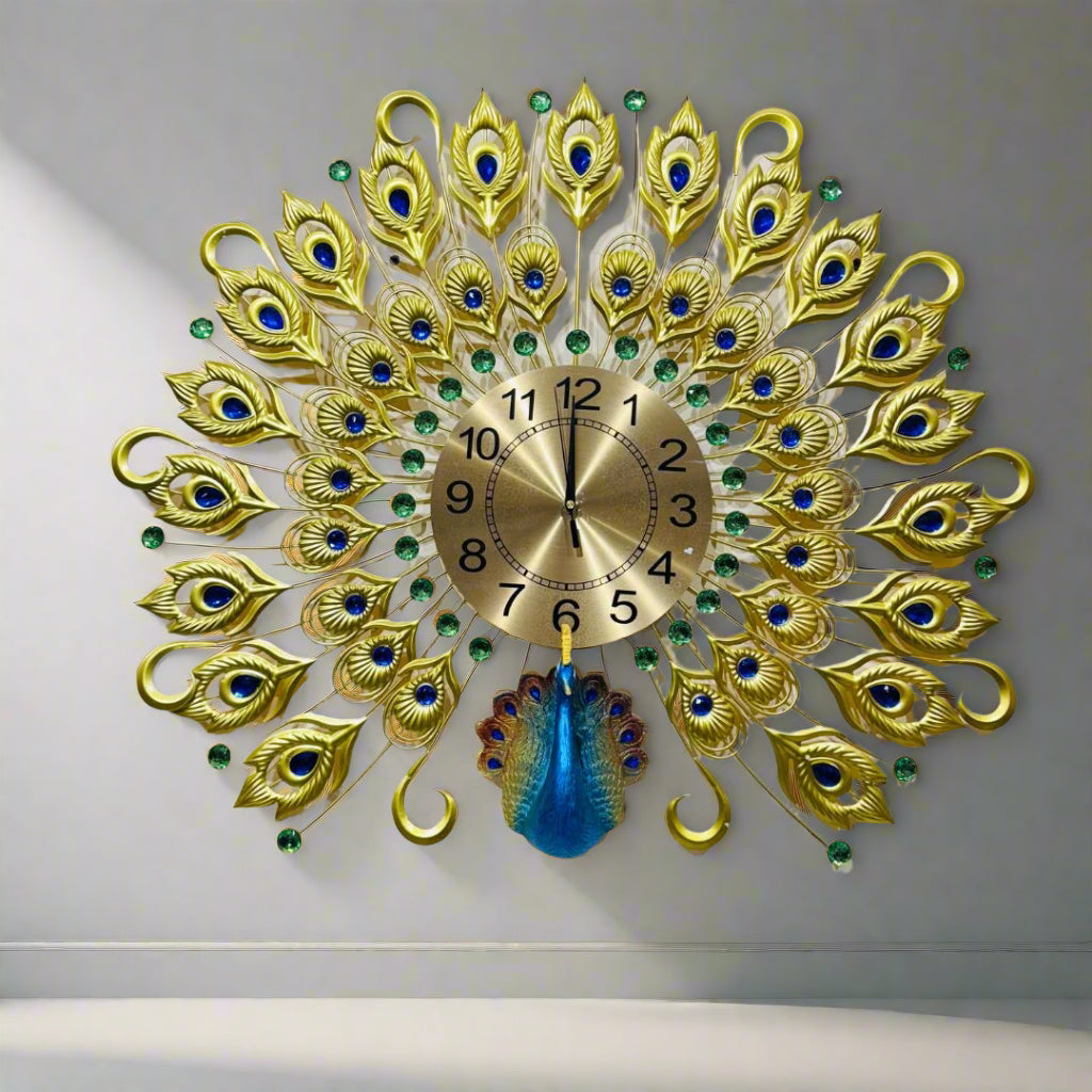 Luxurious Wall Clock with Peacock Feather Design