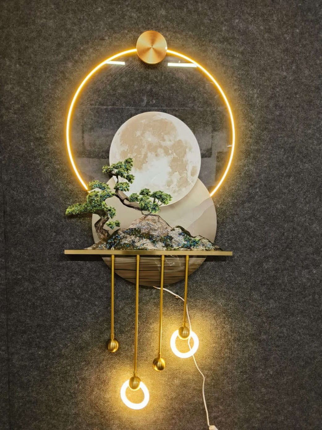 Modern 3D Wall Art with LED Moon and Bonsai Design