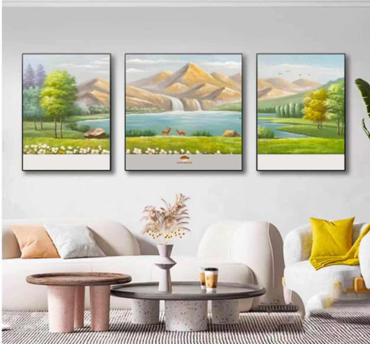 "Golden Valley Waterfall & Orchard" 3-Piece Textured Wall Art Set for Modern Living