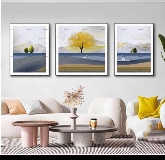 "Golden Tree & Tranquil River" 3-Piece Textured Wall Art Set for Modern Living