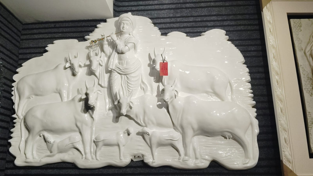 3D Krishna & Cow Relief Wall Art – White Glossy 46 x 54 Inch