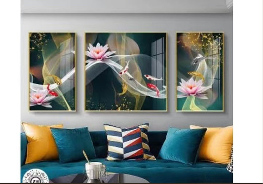Koi Prosperity Crystal Glass Wall Art — Set of 3 - crystal glass wall art by Artiksha