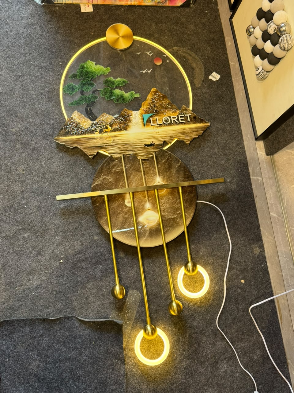 Golden Landscape LED Wall Lamp with Bonsai & Shelf 22 x 49 Inch
