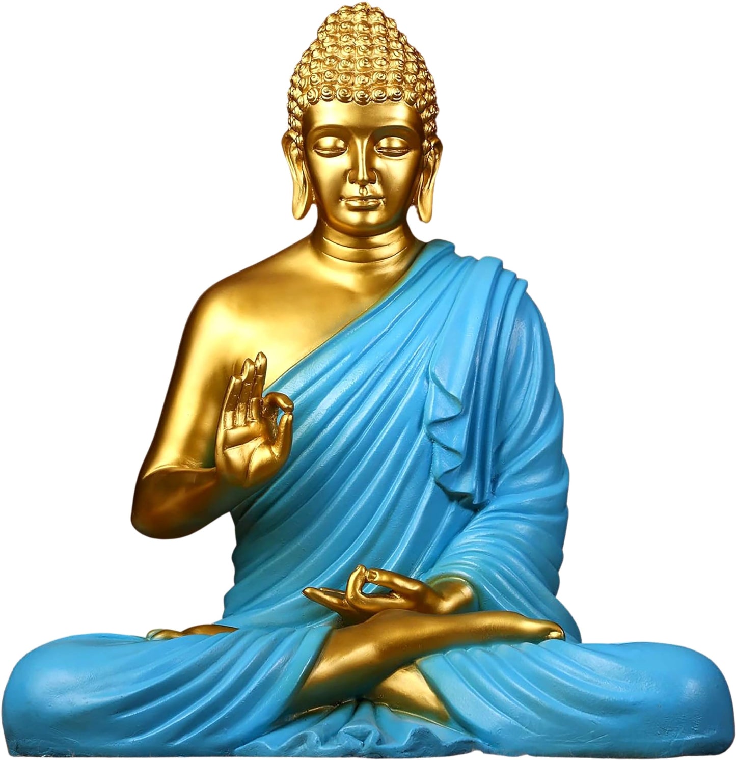 Celestial Azure Meditating Buddha – Premium Gold & Sky Blue Zen Decor