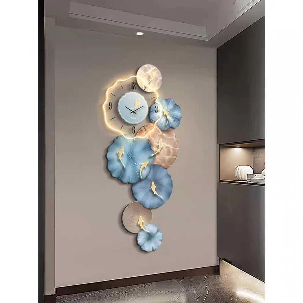 Modern Luxury Fish and Flower Wall Clock with LED Backlight