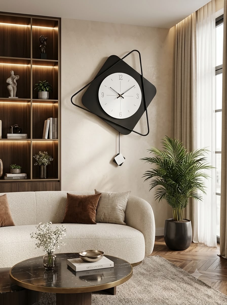 Black diamond and triangle pendulum wall clock with a white dial, 15 x 28 cm