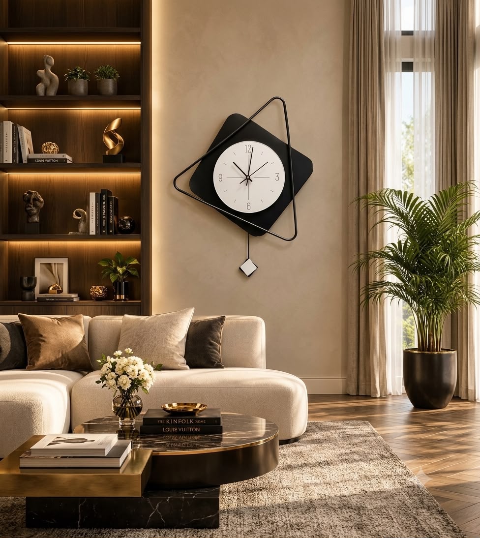 Black diamond and triangle pendulum wall clock with a white dial, 15 x 28 cm - view 2