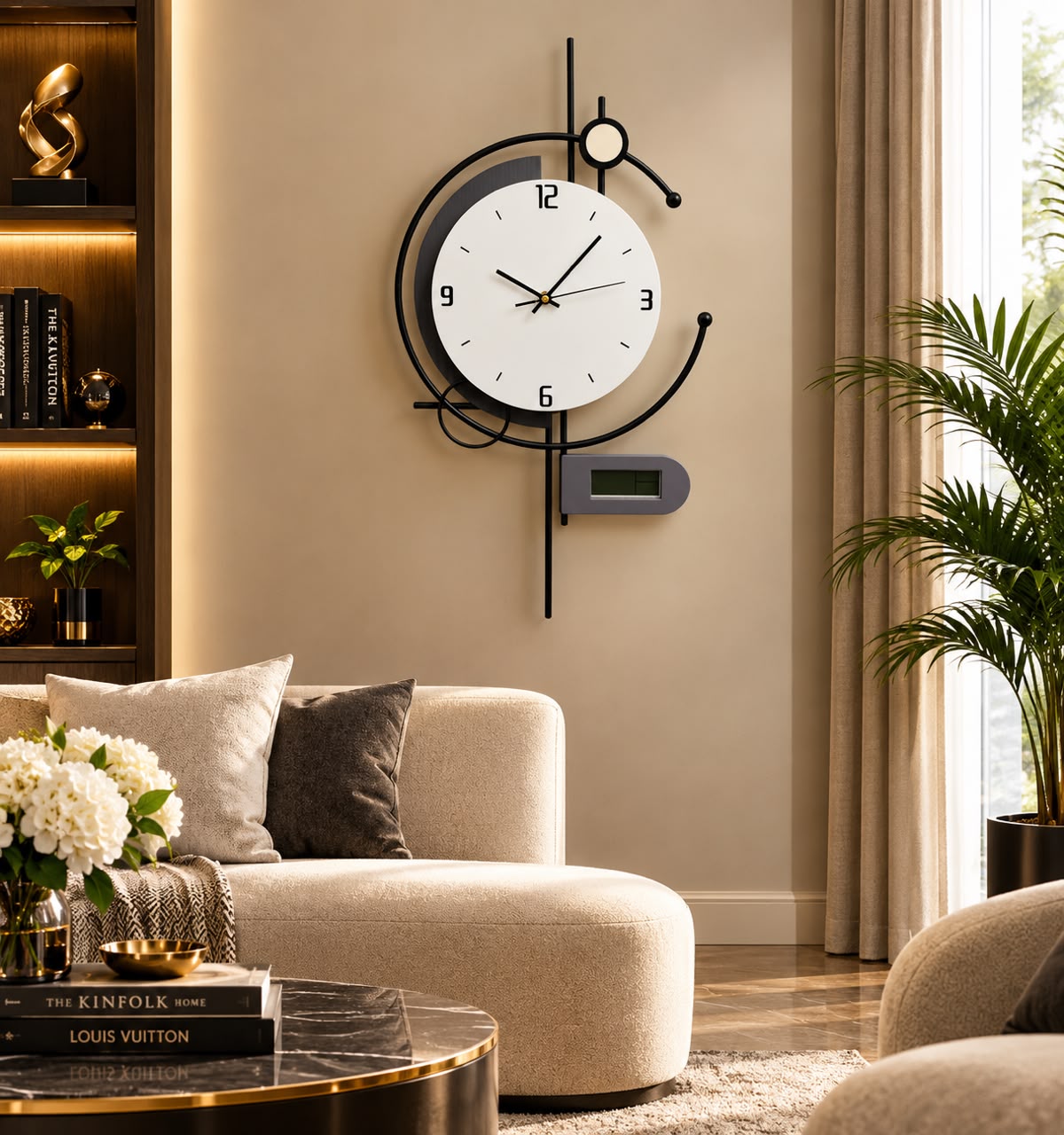 Black ring wall clock with a white dial, small digital display and vertical bar accents, 18 x 30 cm