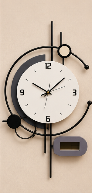 Black ring wall clock with a white dial, small digital display and vertical bar accents, 18 x 30 cm