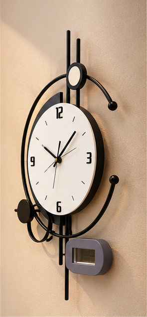 Black ring wall clock with a white dial, small digital display and vertical bar accents, 18 x 30 cm - angled view on the wall