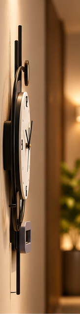Black ring wall clock with a white dial, small digital display and vertical bar accents, 18 x 30 cm - side profile showing depth from the wall